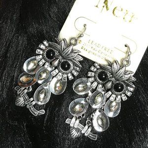 Boho Earrings Owl Silvertone Rhinestone Drops NWT